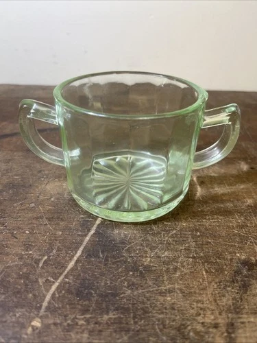 Hazel Atlas Green Depression Uranium Glass Colonial Block Sugar Bowl Cup Mug