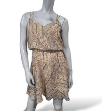 Lulus SZ Large Mini Dress Tanis Beige Gold Tribal Print Skater Feminine Summer