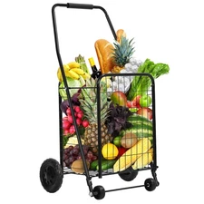 Metal folding grocery cart with lockable wheels and adjustable handle.