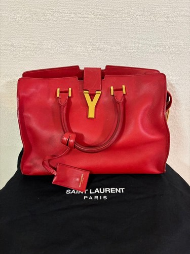 YSL Saint Laurent Y Ligne Handbag Shoulder Bag Red Leather 2way Gold Metal Women