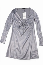 Zara Silver Satin V-Neck Tie Front Long Sleeve Stretch Mini Dress Size M