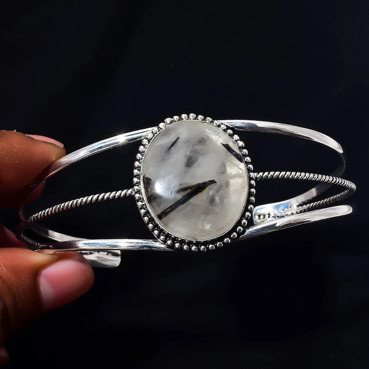 Black Rutile Gemstone 925 Sterling Silver Handmade Bangle Jewelry Gift For Her