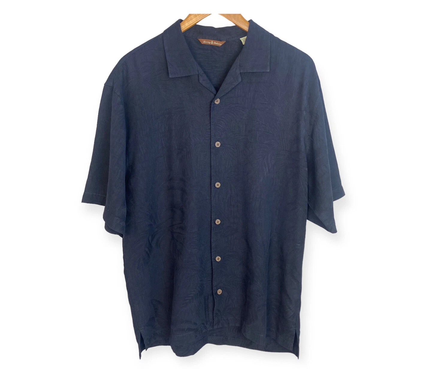 Tommy Bahama Black Tonal 100% Silk Shirt Short Sleeve Palm Tree Leaves Medium