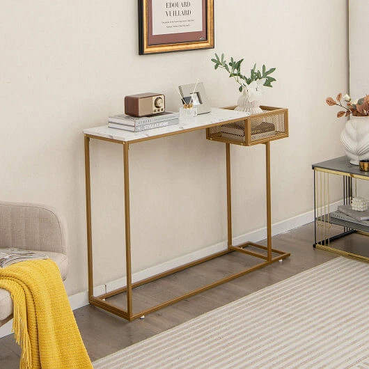 Consola rectangular blanca de imitación de mármol con almacenamiento - dorada - Color: dorada Foto 3 de 3