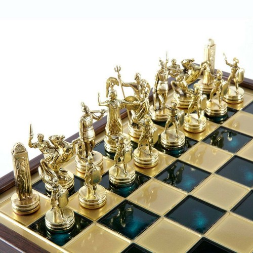 Manopoulos Greek Mythology Chess Set - Brass Green Pawns - Green Board - Picture 3 of 5