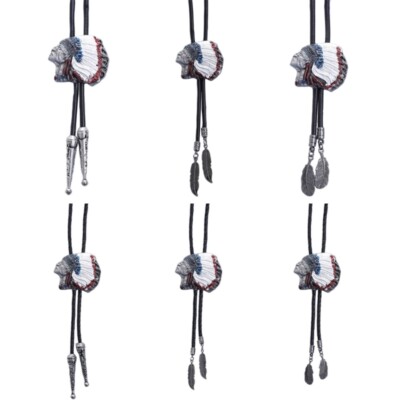 Mens American Bolo Tie Cowboy Leather Rope Indian Head Feathered Pendant Necktie