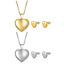 3PCS Women Girls Simple Heart Pendant Stainless Steel Necklace Stud Earrings Set