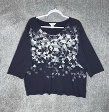 CJ Banks Top Womens Size 2X Blue Geometric Rhinestone Cotton V-Neck 3/4 Sleeve