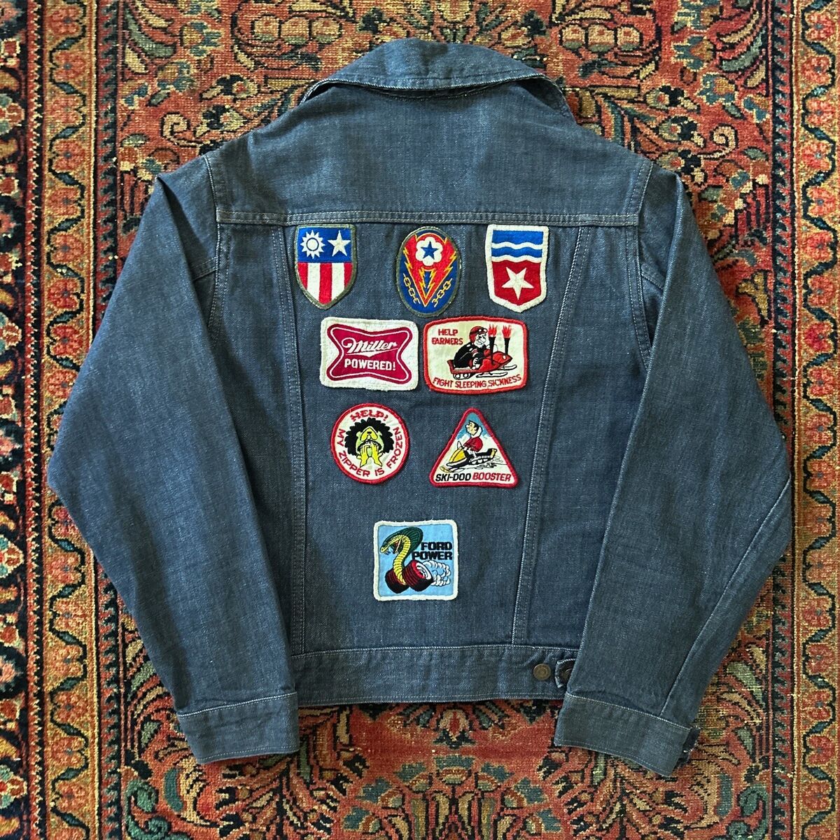 Vintage 70s Denim Blue Jean Jacket With Beer Car Patches Vintage 70s Denim Blue Jean Jacket With Beer Car Patches