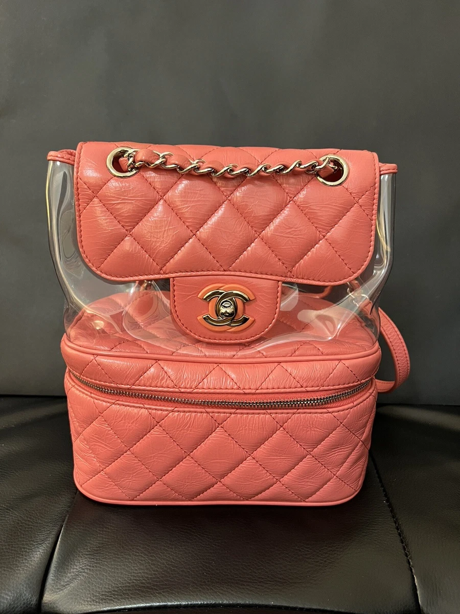 Chanel Vanity Zip Flap Backpack Quilted Calfskin PVC Transparent Small Pink  Bag