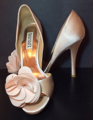 Badgley Mischka Thora Nude Peach Satin Evening High Heel Open Toe Pumps 7.5M