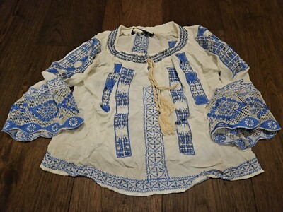 Zara Basic Top Women Small Blue White Striped Embroidered Cotton Blouse Used