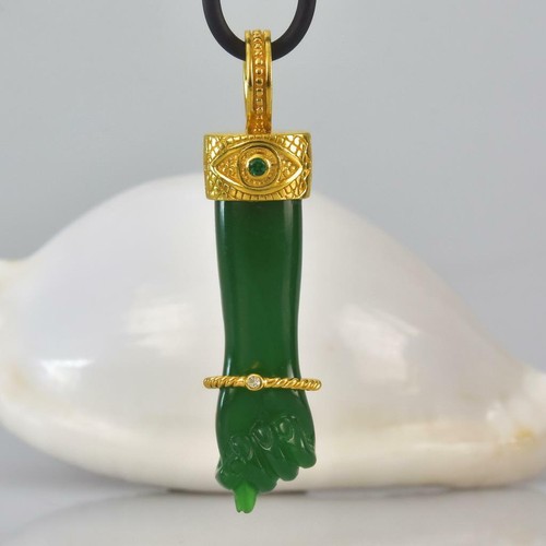 Gold Vermeil Sterling Mano Fico Figa Anhänger Chalzedon Smaragd Diamant 11.70 G - Bild 2 von 11