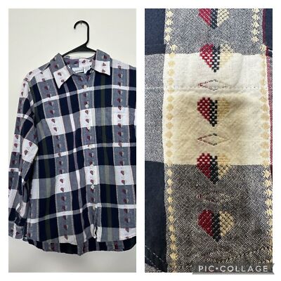 Vintage Fashion Bug Plaid Button Up Embroidered Hearts Country Size 14/16W