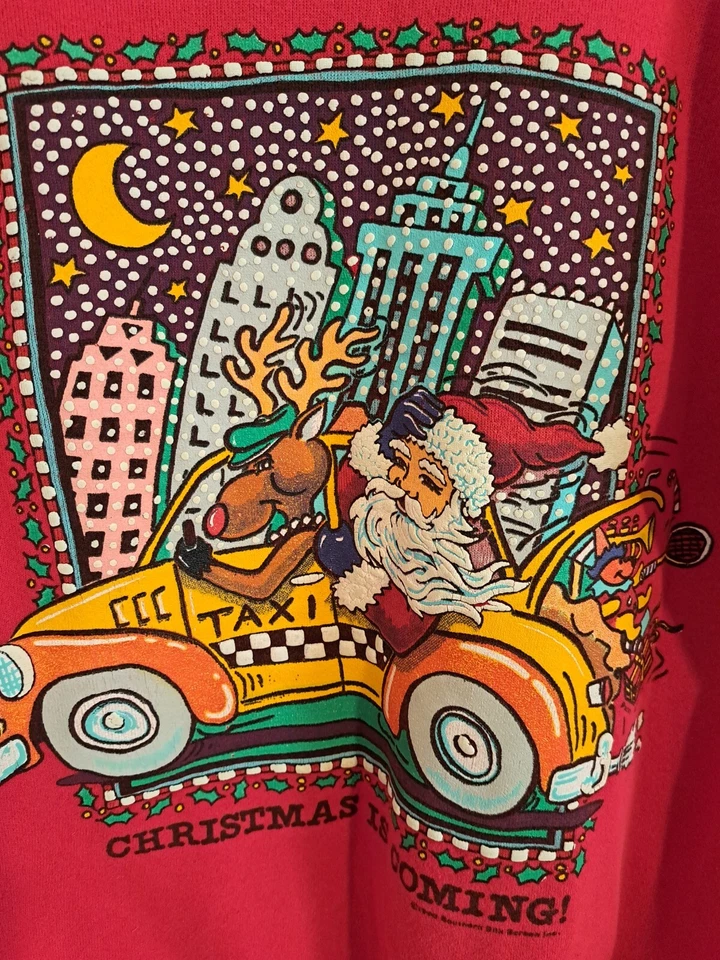 Винтажная ДЕФЕКТНАЯ 3D Рождественская толстовка NYC 1990 САНТА ТАКСИ ТАКСИ ОЛЕНЬ ПРАЗДНИК США - Изображение 2 из 4