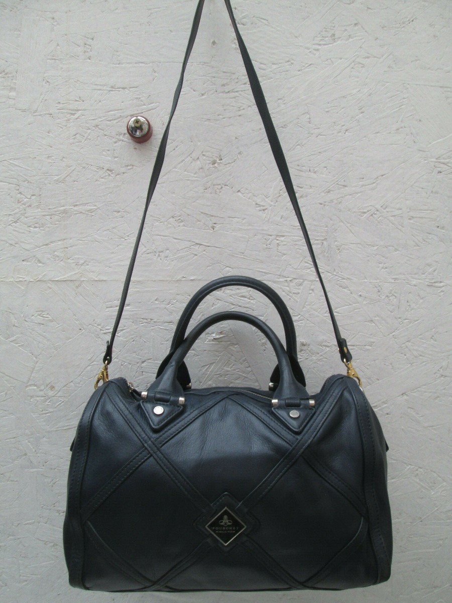 Sac à Main Bandoulière Pourchet En Cuir Vintage - Couleur Bleu Et Blanc - Occasion
