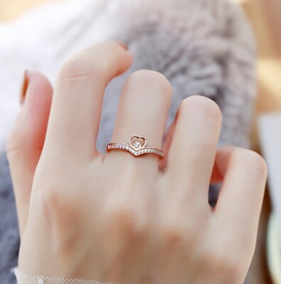 Women Girl Rose Gold Plated Titanium Stainless Steel CZ Heart Love Band Ring 5-9
