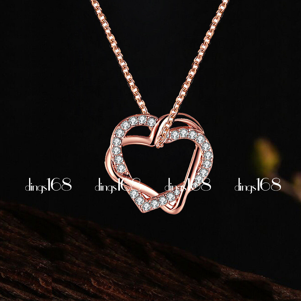 18K Rose Gold Filled Crystal 2-Heart Pendant 16