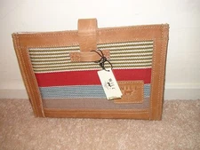 WILL LEATHER GOODS Weavers House 8” Tablet Sleeve Brown Leather Woven Canvas 