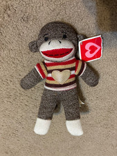 Dan Dee Sock Monkey Plush Pink red Striped Sweater White Heart 9 1/2" Tall EUC