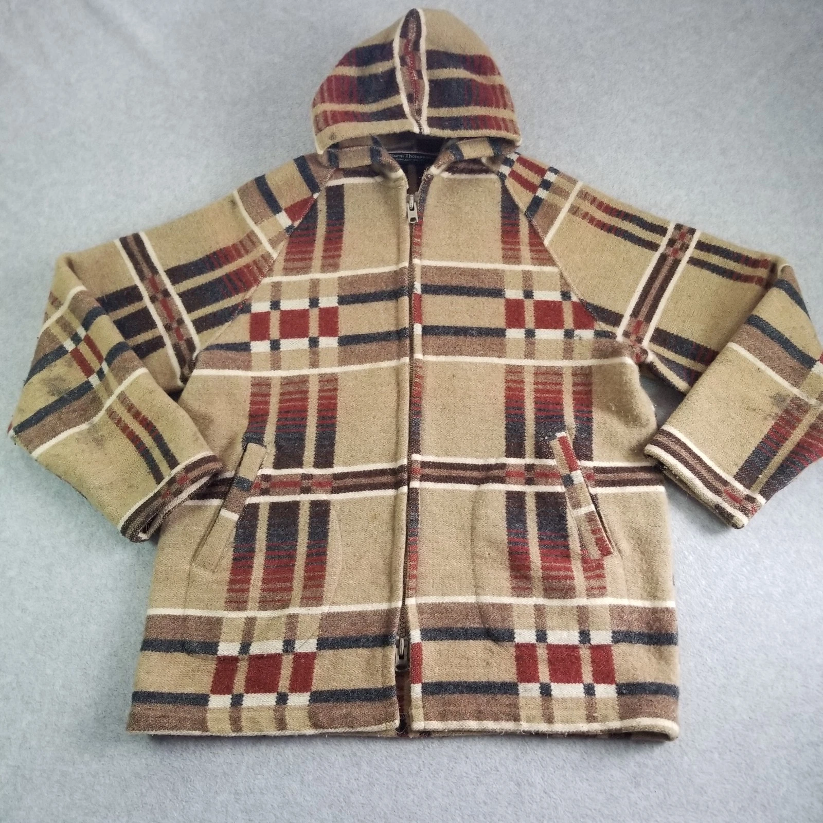VTG Norm Thompson Jacket Mens Large Beige Plaid Wool Full Zip Baja Drug Rug 90s image 1