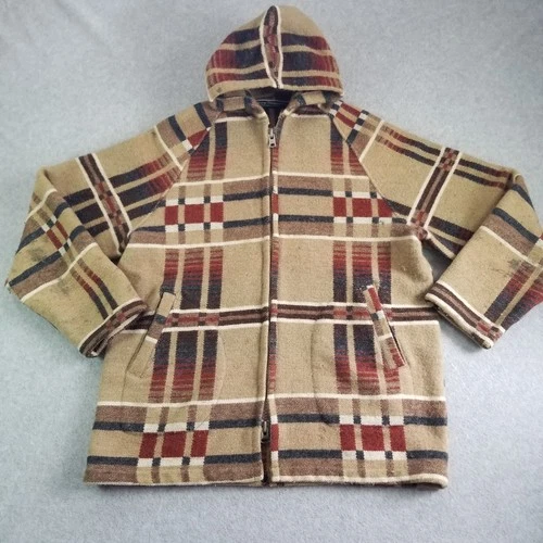 VTG Norm Thompson Jacket Mens Large Beige Plaid Wool Full Zip Baja Drug Rug 90s - product listing photo