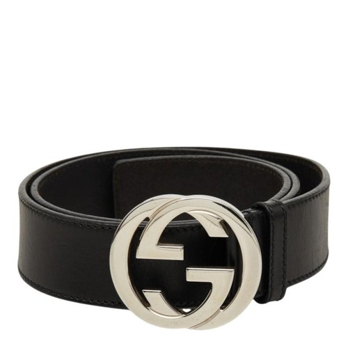 Gucci Interlocking G GG Logo Buckle Belt 114984 Black Silver Leather