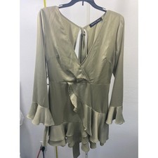 White Fox Boutique Sage GreenRuffle Mini Dress WrapV-Neck Tie Back Bell Sleeve L