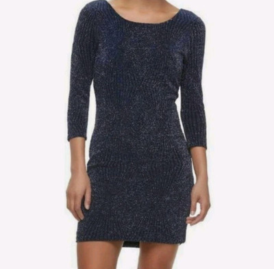 Three Pink Hearts Sparkle Glitter Navy Blue Open Back Bodycon Mini Party Dress 