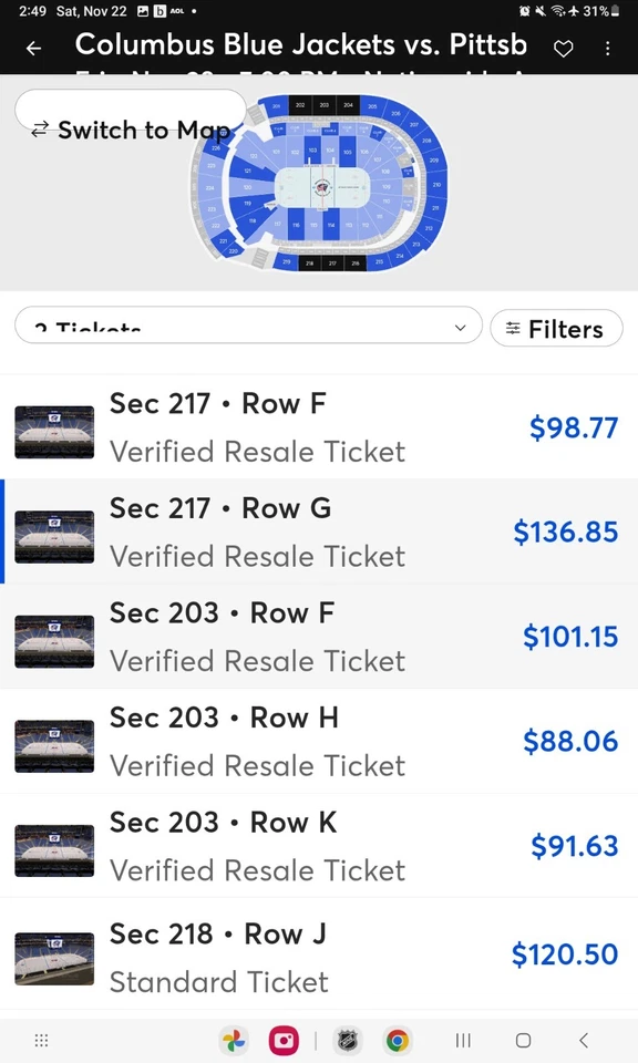 PAIR Columbus Bluejacket VS Pittsburg Penguins Fri. 11/28 NATIONWIDE 217 E - Image 2 of 3