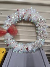 Handcrafted Designer White Wreath W Wood Snflakes Red/Silver Ornam Lights Up 20"
