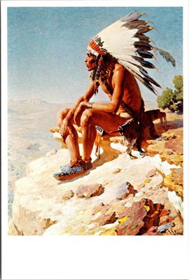 Native American Man in Headdress Art New York Continental Postcard A024