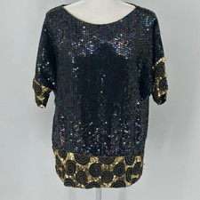 Vtg Sparkling Black Sequin Embellished Gold Swirl Silk Top 20 India Silk read