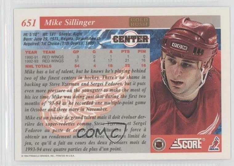 1993-94 Score Canadian Gold Rush Mike Sillinger #651 - Image 2 of 2