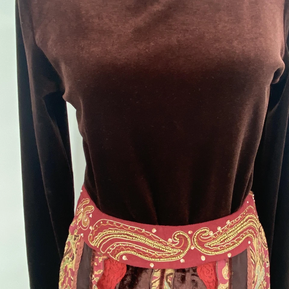 Vestido Bandolino De Colección Y2K Para Mujer 6 Marrón Terciopelo Paisley Cinturón Con Cuentas Gitano Bohemio Foto 3 de 4