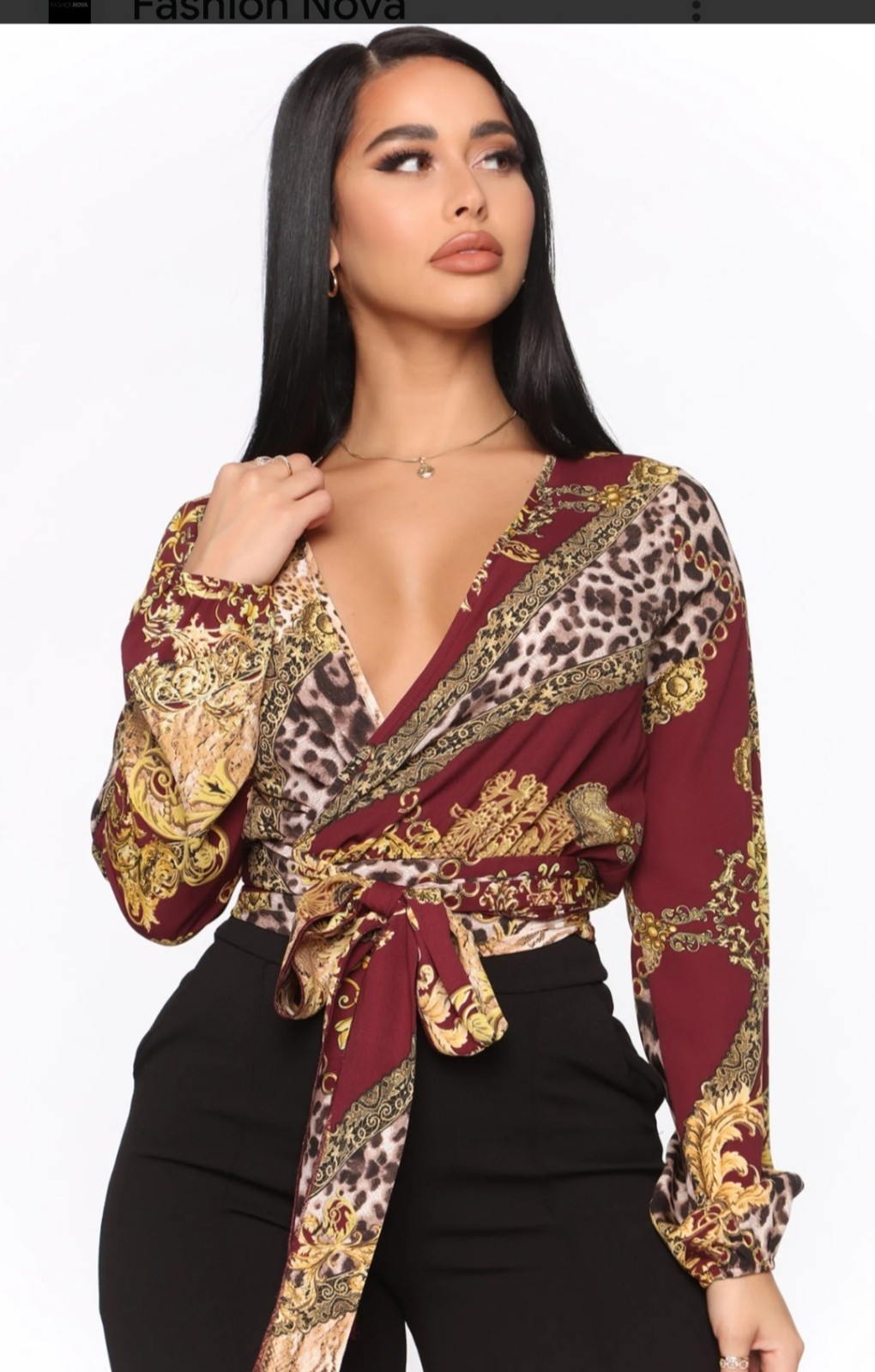Fashion Nova Baroque Animal Print Tie Front Wrap Blouse XS