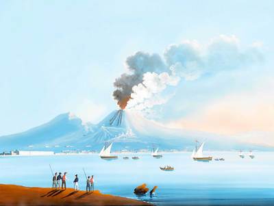 PAINTING 1857 ITALIAN ARTIST VOLCANO VESUVIUS ERUPTION ITALY ART PRINT BB8541