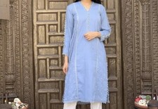 Black Designer Kurti-Size 40 Jacquard Cotton Lace Pearl Kurti