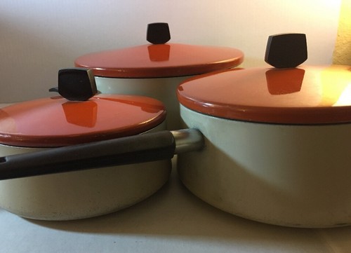 Wear-Ever SubsDairy Of ALCOA Sauce PANS 5, 3,1.5 QTS VTG Retro Orange LIDS 6pcs - Picture 2 of 12
