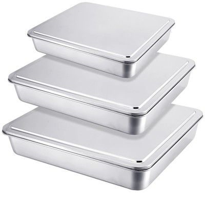 Tioncy Stainless Steel Cake Pan with Lid 13/11/9 Inch Rectangle Sheet Baking ...