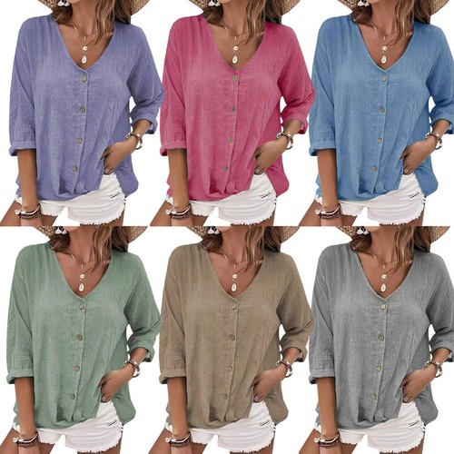 Summer Womens V-Neck Baggy Tops Ladies 3/4 Sleeve T-Shirts Blouse Plus Size New - Picture 3 of 22