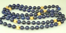 9 MM GENUINE LAPIS 36.5" LONG NECKLACE WITH 14K YELLOW GOLD 8.1 MM RIDGED BEADS