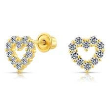 10K Real Solid Yellow Gold Open Heart CZ Stud Earrings Screw-back Sleeper Studs