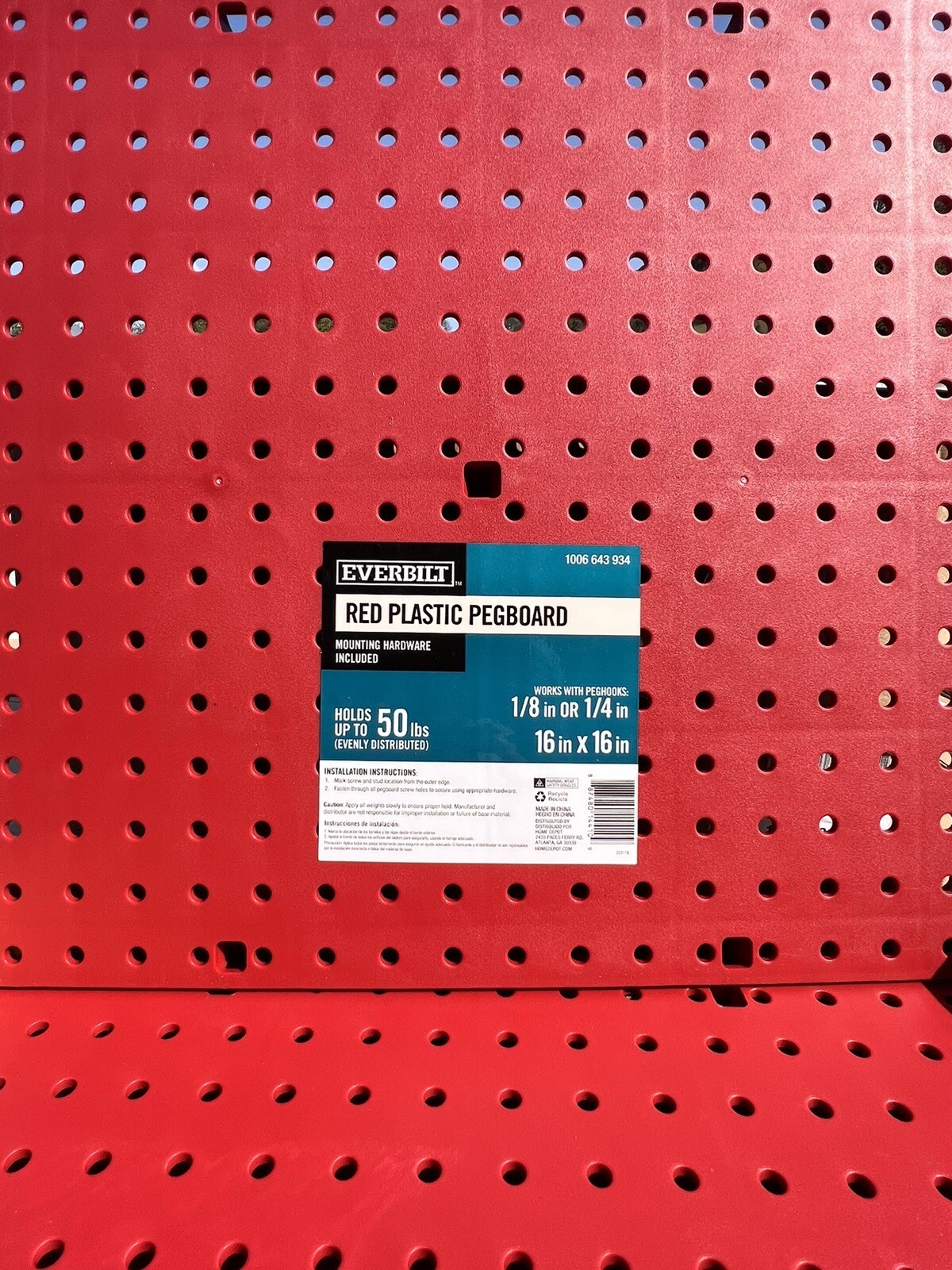 Everbilt 814410 WallMounted 16"x16" Plastic Pegboard (Red) for sale