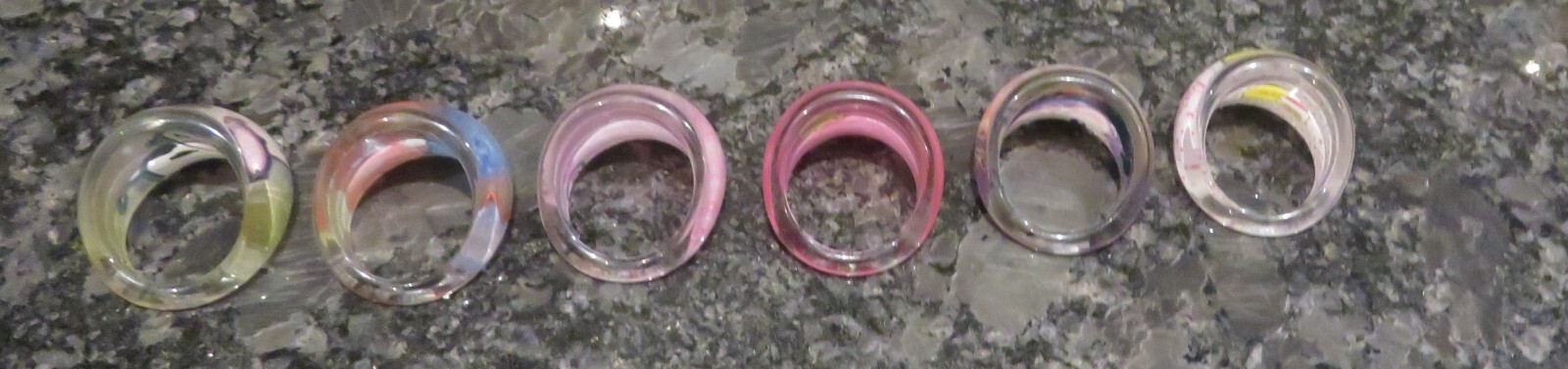 Set of 6 Resin Murano Style Childs Rings Different Colours, Patterns.