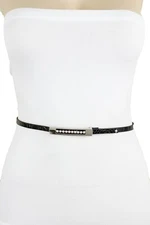 Women Ultra Narrow Dark Brown Faux Leather Fashion Bling Silver Buckle Belt M 