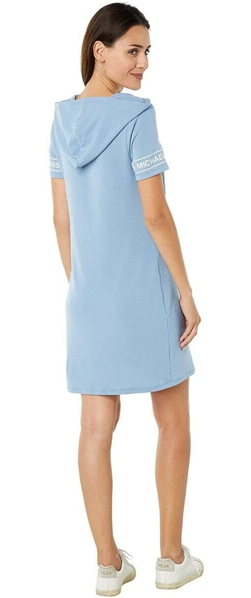 Abito donna Michael Kors felpa con cappuccio Terry logo manica chambray blu chiaro taglia XS
