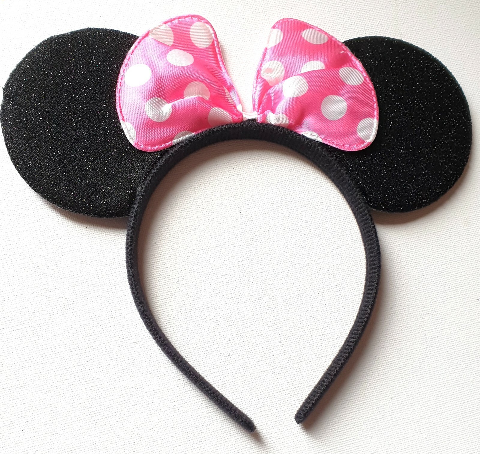 NEW Sparkly Black Mouse Ears Pink Satin Spotted Bow Headband Fancy Dress Holiday