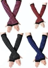 Striped Knit Long Fingerless Gloves Wrist 2 Elbow Arm Warmer Sleeve Women Girl