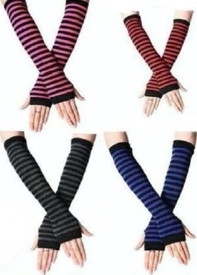 Striped Knit Long Fingerless Gloves Wrist 2 Elbow, Arm Warmer, Sleeve winter